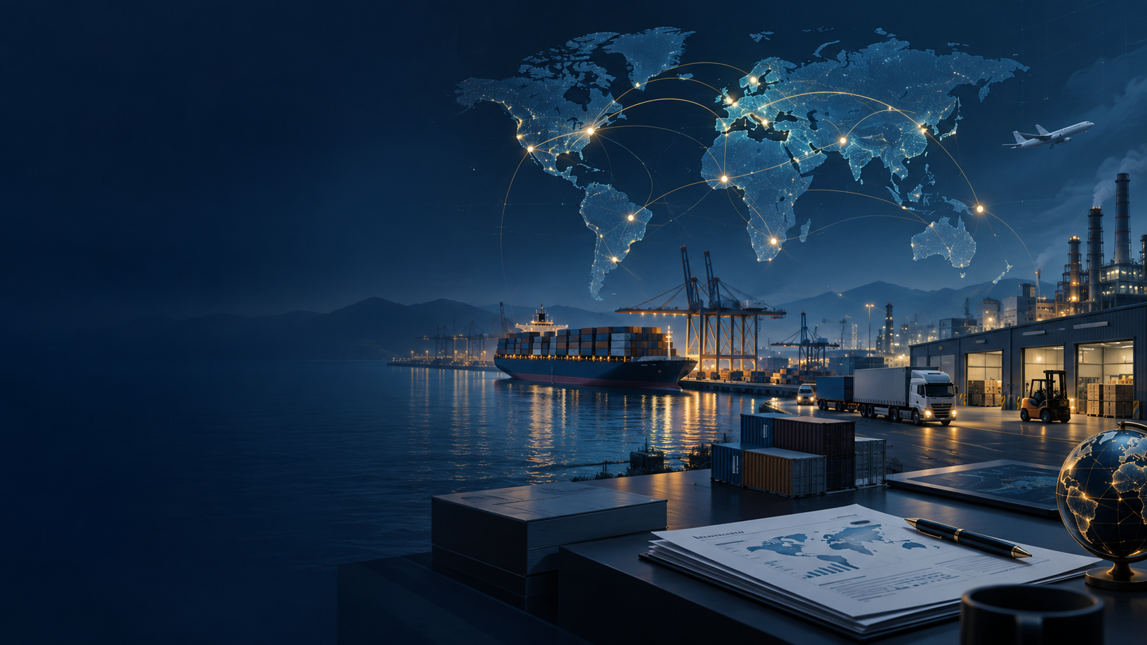 Global supply chain network connecting manufacturing, logistics and analytics